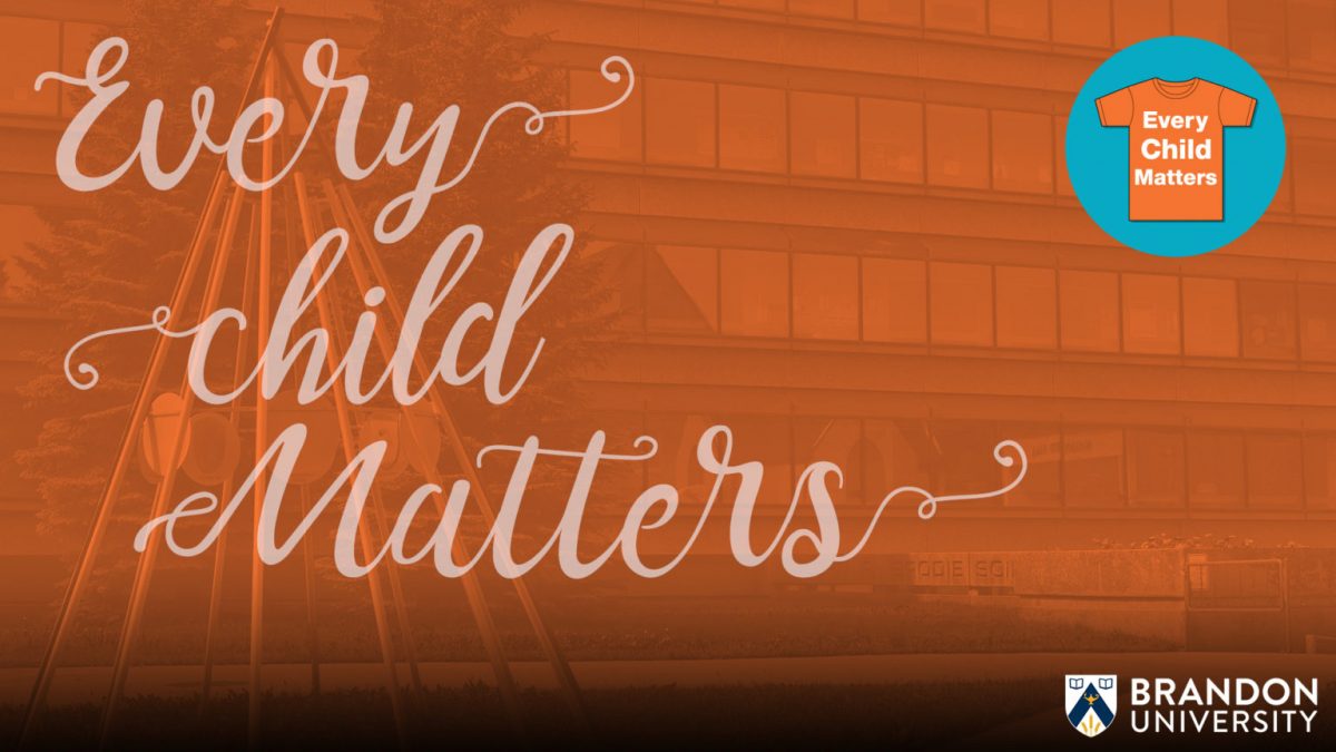 Every Child Matters is written on an orange background with a tipi and a building in the background. An orange shirt is in one corner of the image and a Brandon University logo in another corner.