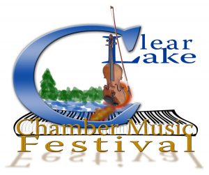 Logo for Clear Lake Chamber Music Festival features the words Clear Lake in Blue above a boardwalk, with Chamber Music Festival written below in gold. A violin is also standing upright on the boardwalk