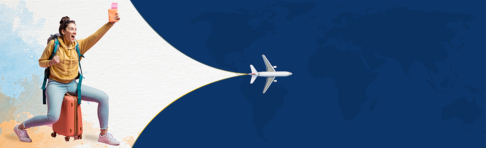 Illustration of a person with a suitcase holding up a phone. An airplane flying across a blue background is to the right of the person